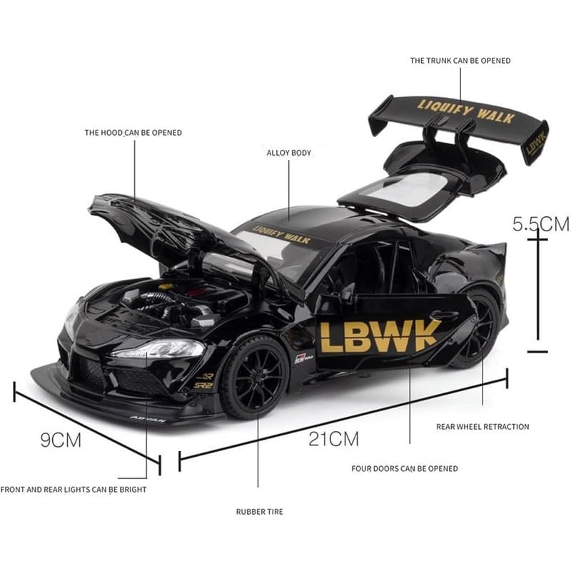 Image of PINQUE Kids New Toyota Supra GR LBWK 1:24 Diecast Alloy Metal Pull Back Car With Openable Doors, Music, Sound and Light - Vehicle Toy for Boys (Black)