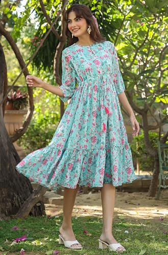 Image of Janasya Women's Georgette Floral Printed Tiered Dress