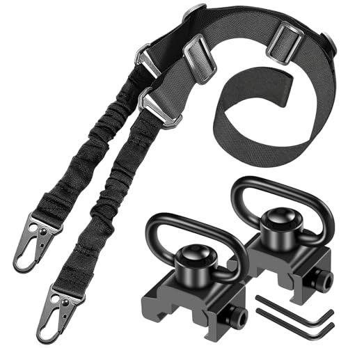 Two Point Rifle Sling, Extra Long 2 Point Sling, Traditional Gun Sling with 2 Pack Picatinny QD Sling Swivel Mounts & with Adjustable Shoulder Strap & Larger Metal Hook (with 2Pcs 360° Swivel Mounts)
