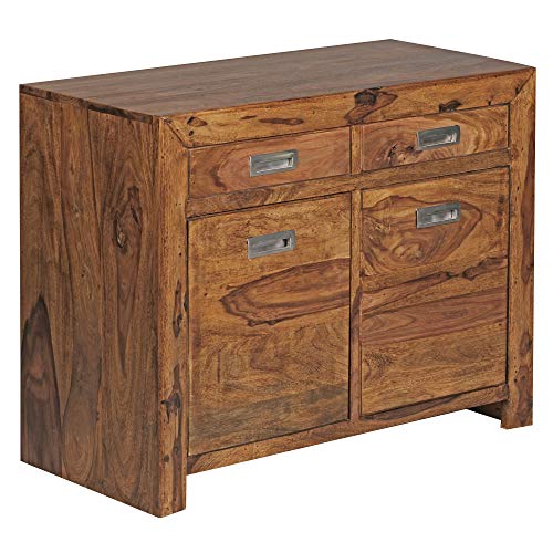 KADIMA DESIGN Buffet en bois massif Sheesham 90 cm, avec 2 portes et tiroirs, grand espace de rangement, idéal pour le couloir ou le salon, fait à la main