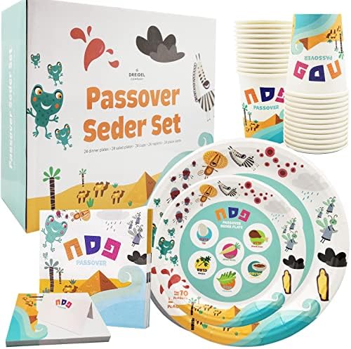 The Dreidel Company Passover Disposable Seder Plate Set - Ten Plagues Design - 9" and 7" Plates, Cups, Napkins, and Place Cards, 120 Piece Set, Serves 24 People
