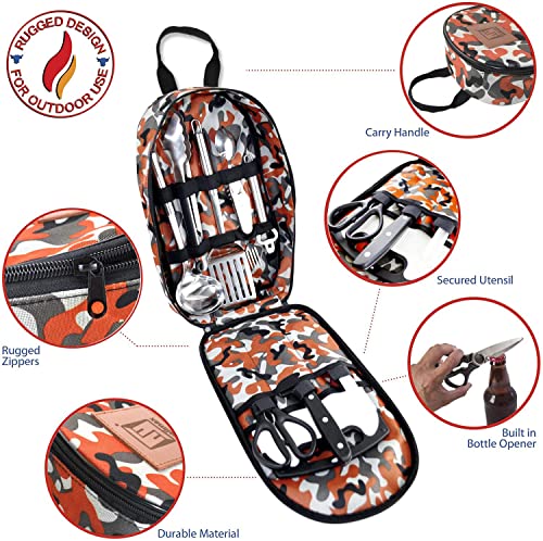 Wellmax 10-Piece Stainless Steel Camping Cooking Set – Compact All-in-One Cookware Kit with Utensils & Travel Bag for Campers, Hikers, Outdoor Adventures, Orange Camo Color