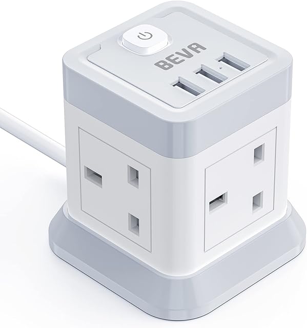 Extension Lead Cube with USB, BEVA 4 Way Power Strip with 3 USB Ports, Desktop Power Extension Socket with 1.5M Extension Cable Cords for Home Dorm Office Travel-WHITE