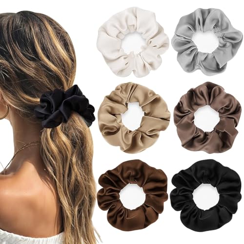 6 Stück Scrunchies Haargummi Zopfgummi Satin Elastische Dicke Bänder Haargummi Pferdeschwanzhalter für Mädchen Damen (6 Farben)