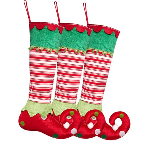 3 pieces 28 Inch Big Large Elf Christmas Stocking with Red Green Cuff, Candy Striped and Polka Dots on Shiny Fabric, Elf Christmas Decoration Xmas Gifts Holiday Fireplace Xmas Tree Décor and Ornament