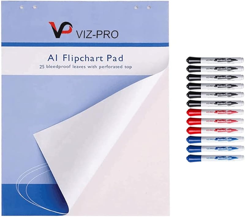 VIZ-PRO Standard Easel Pads, A1 Flipchart Paper Pad, 23 x 32 Inches, 25-Sheets/Pad, with 12-Count Markers