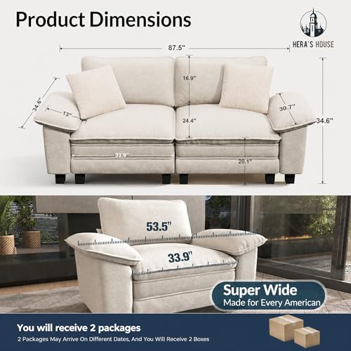 Image of HERA'S HOUSE 88 inch Oversized Modular Sectional Loveseat Sofa,Chenille White | Loveseat Living Room Couches, Wider Armrest and Deep Seat, Comfy Cloud Couch with Ottoman, Wood Sturdy Frame