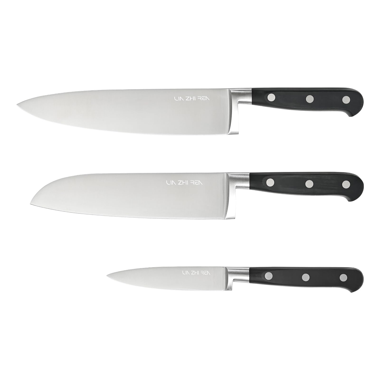 LIN ZHI REN 3-teiliges Küchenmesserset, ultrascharfes Kochmesserset, enthält Kochmesser, Tranchiermesser und Schälmesser, rostfreier Stahl mit hohem Kohlenstoffgehalt, ergonomischer Griff