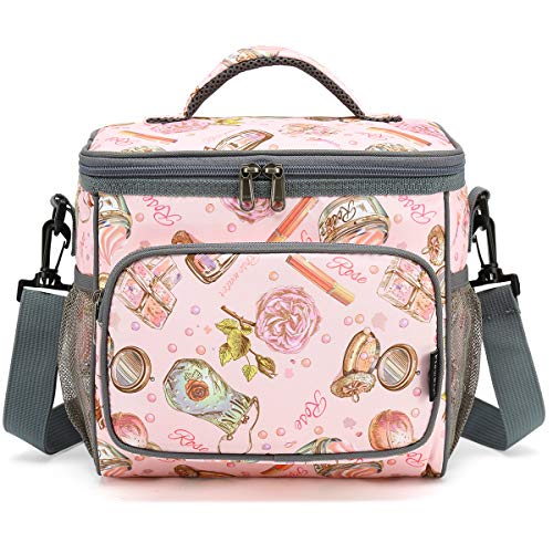 Flowfly Insulated Reusable Lunch Bag Adult Large Lunch Box For Women And Men With Adjustable Shoulder Strap Front Zipper Pocket And Dual Large Mesh Side Pockets, Rose #TOP6