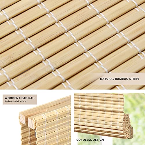 Image of LazBlinds No Tools No Drill Cordless Bamboo Roman Shades, Privacy Window Treatment, Roll Up Bamboo Blinds for Windows 20'' W x 64'' H, Natural