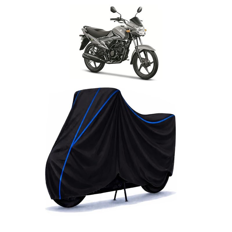 Image of Suzuki Hayate EP BS-IV Bike Cover Water Resistant Universal Motorcycle Rain | Heavy Duty UV Protection, Dust, Scratch Indoor Outdoor All Weather with Black Blue Piping Elastic