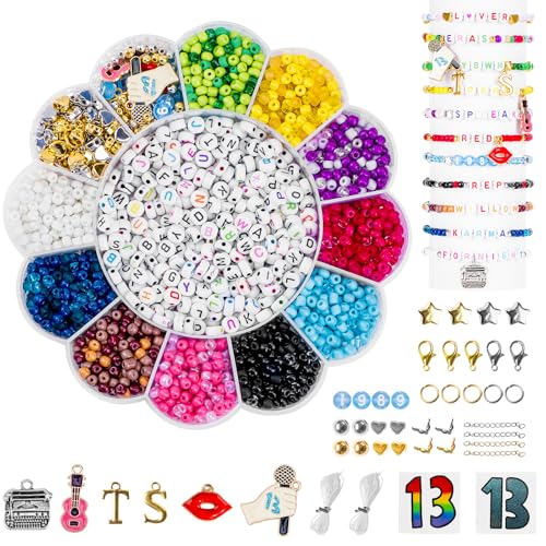 Goldwise Friendship Bracelet Kit for ERAS Tour 30 Colors(Album Inspired) 4mm Glass Seed Beads for Jewelry Making Letter Beads (A-Z) with Charms 13 Tattoo Sticker DIY Crafts for Gifts Birthday