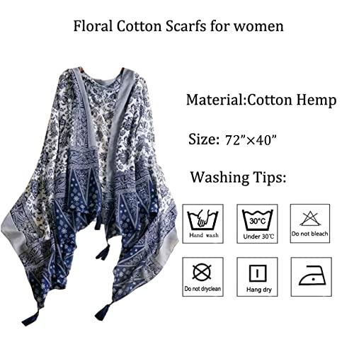 GUZOSJO Women's Boho Cotton Hemp Lightweight Floral Printed Scarf Long Shawl Wrap Scarf Head Shawl for Fall Spring3
