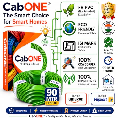 Image of CabONE 2.5 SQ.MM FR PVC Insulated Copper Electrical Wire, 90 Meter (Green, Pack of 2) | ISI Marked Fire Retardant Single Core Cable for Home Wiring