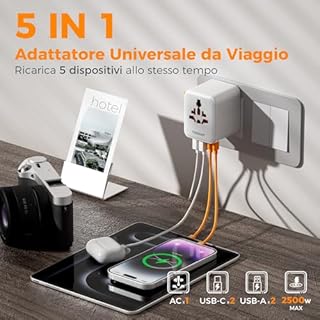 TESSAN Adattatore Universale da Viaggio, Presa Universale da Viaggio con 2 USB C e 2 USB A, Adattatore Spina per Inglese Americana Giappone Australia Tailandia, Presa Internazionale