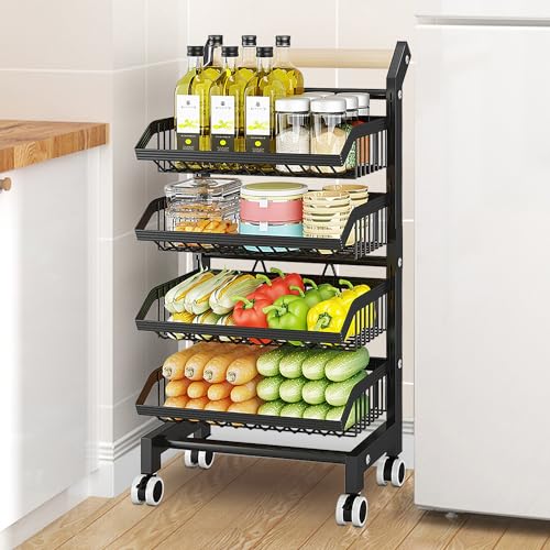 4-Tier-Kitchen-Snack-Cart-with-Wheels--Versatile-Rolling-Storage-Cart-for-Pantry-Utility-Rooms--Adjustable-Metal-Wire-Fruit-Vegetable-Basket-Rack-Black-with-wooden-cart-handle-4-Tier 4 Tier Kitchen Snack Cart with Wheels–Versatile Rolling Storage Cart for Pantry Utility Rooms–Adjustable Metal Wire Fruit Vegetable Basket Rack Black with wooden cart handle 4 Tier