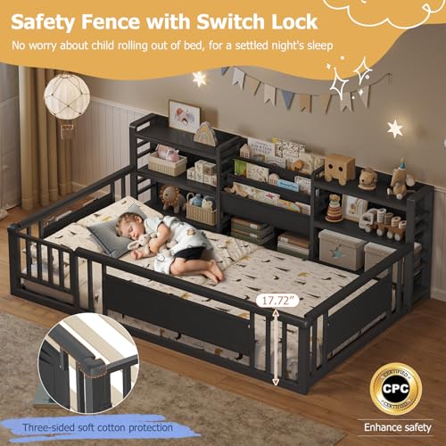 image for DICTAC Twin Floor Bed for Kids with Safety Rails and Door, Montessori 