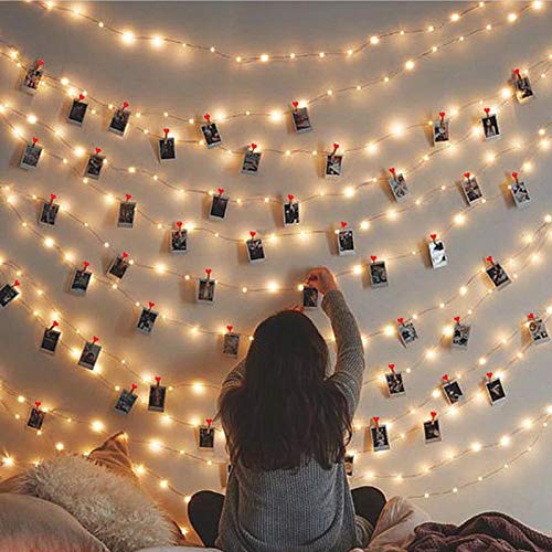 Photo Clip String Lights 32Ft 100 LED Warm White, Fairy String Lights with 20 Red ColorNisco Heart Clips for Hanging Pictures, Battery Powered Photo String Lights with Clips - Perfect Dorm Bedroom