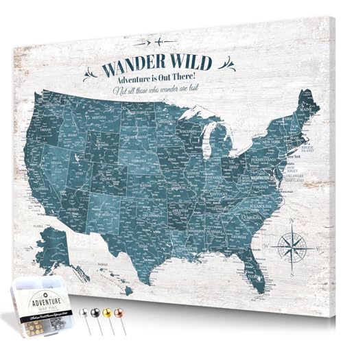 Image of IPIC - Antique Blue USA Travel Map, Pin Board Canvas Wall Art, Travel Map with Pins Included, Ready to Hang for Home or Office, 40x30 Inch