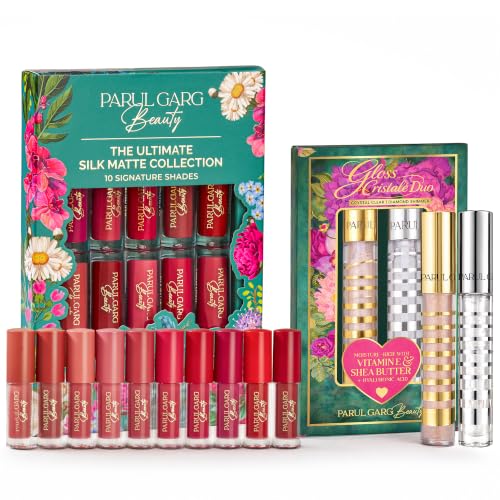 Image of Parul Garg Beauty Ultimate 10 Mini Silk Matte Liquid Lipsticks with Crystal Gloss Duo | Long-Lasting, Highly Pigmented & Lightweight | Matte & Gloss Lip Combo Pack