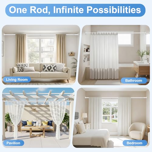 Image of Long Tension Rod 41-166inch White Tension Curtain Rods no Drilling | 1.26 inch Diameter Outdoor Curtain Rod for Patio,Windows,Anywhere Heavy Duty Spring Rods Adjustable