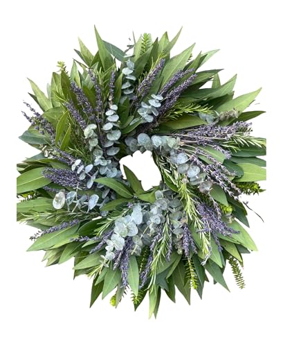 Fresh Aromatic Bay Leaf Rosemary Dried Lavender Eucalyptus Wreath — Front Door| Aroma | Home Decor | Handcrafted | Gift | Spring| Valentines (12" Outer Diameter)