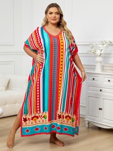 Image of KECVOT Kaftan Dresses for Women V-Neck Print Swimsuit Cover Up Plus Size Beach Caftan Lounge Dress