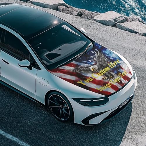 Image of American Flag Bald Eagle Custom Design Car Hood Cover 59x39 Inch Car Hood Wrap Blankets Waterproof Stretchable Automotive Hoods Flag for Compact SUV Sedans Trucks
