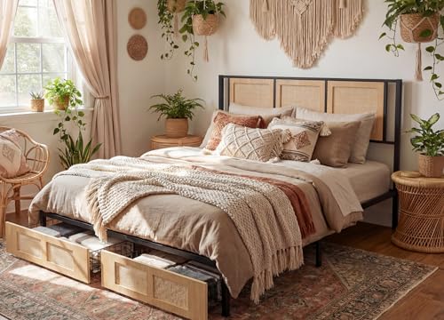 YITAHOME Natural Rattan King Bed Frame with Wooden Headboard and 2 Storage Drawers Underneath Boho Cane Bed Platform Bed with Metal Slat Noise Free No Box Spring Needed Wood