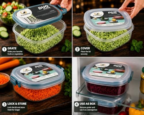 Image of 2-in-1 Cheese Grater with Storage Container Pack of 2 | Stainless Steel Manual Vegetable Grater with Lid | Food Container for Cheese, Carrot, Cucumber, Potato, Garlic & Ginger