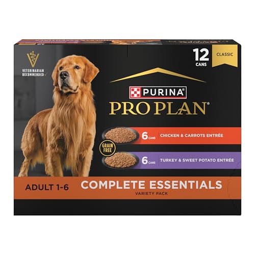 Purina Pro Plan Wet Dog Food Grain Free Complete Essentials Variety Pack, Chicken and Carrots and Turkey and Sweet Potato Entrees - (Pack of 12) 13 oz. Cans
