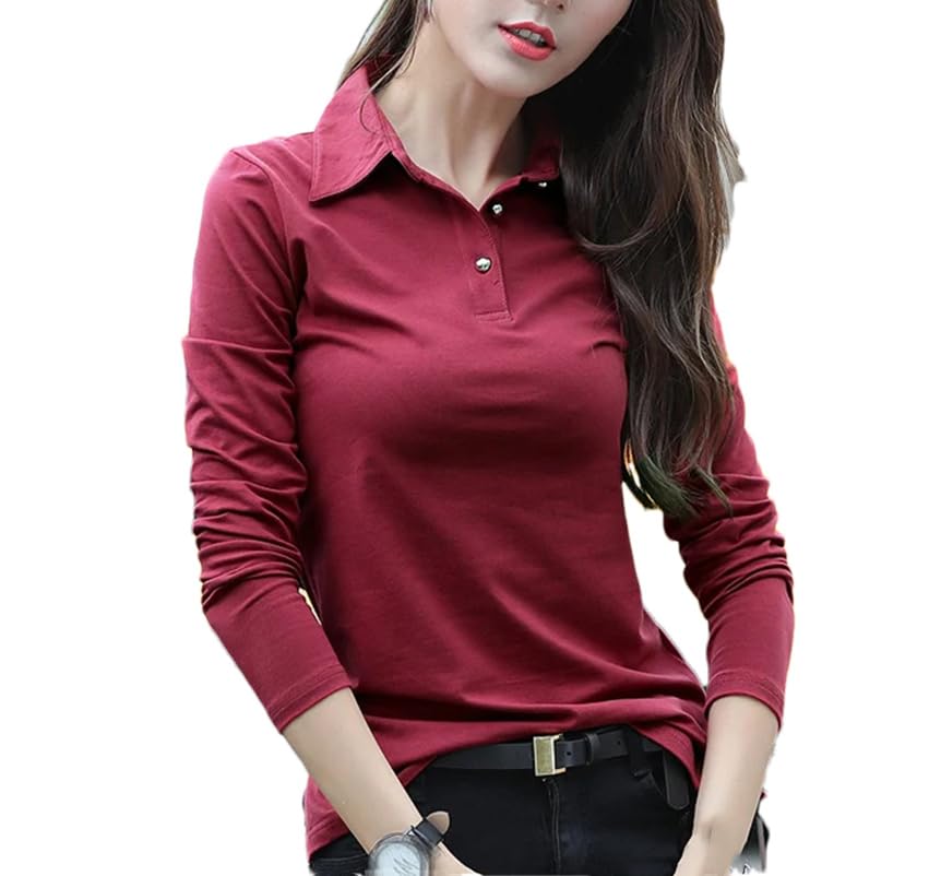Polo da donna in cotone a maniche lunghe, tinta unita, casual, slim