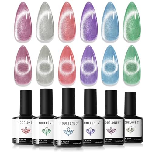 Image of modelones Cat Eye Gel Nail Polish 6 Colors Red Green Silver Purple Blue Glitter Cat Eye Gel Polish Holographic 9D Semi-transparent With Magnet Soak Off Led Nail Art DIY Salon Gifts For Women Girl