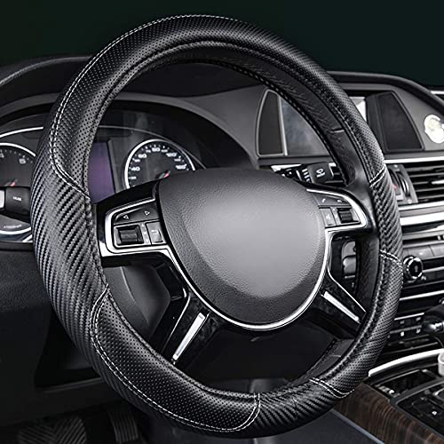 Car-Grand Carbon Fiber Steering Wheel Cover, Premium Breathable Leather Sporty Wheel Protection Interior Accessories Standard Size[14" 1/2-15"] Unviersal Fit For Truck Suv Sedans Vans, Black Leather #TOP19