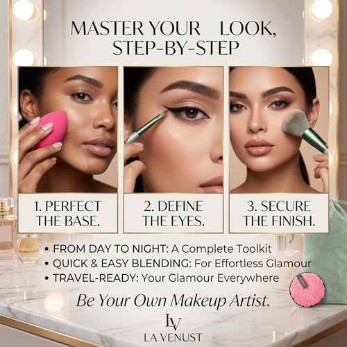 Image of 17Pc Makeup Kit Set - Premium 13-Piece Makeup Brush Set with 3 Makeup sponges & 1 Color-Removal Sponge - Soft Synthetic Bristles, Rose Gold & Cream Design with Velvet Travel Pouch - Complete Professional Beauty Tools (Clean sponge and makeup puffs , color may vary or multicolour) (Green)