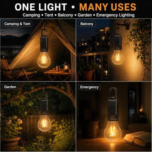 Image of Solar Powered Rechargeable Camping Light Bulb with Hanging Hook, Portable LED Tent Lantern with USB Type-C Charging for Camping, Hiking, Trekking, Emergency, Outdoor & Home Use, Pack of 2
