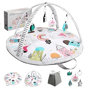 Akeraq Spielbogen Baby, Spieldecke Baby 0-6 Monate 2-in-1, Baby Gym Ø96cm, Baby Play Mat, Montessori Spielebogen Babies, interaktiv und tragbar