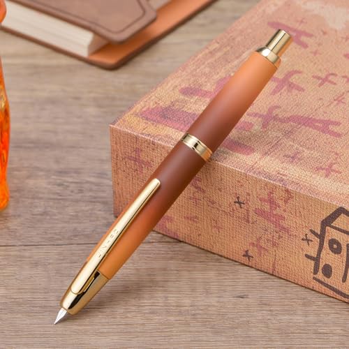 Image of Jinhao 10 Press Fountain Pen with Box, Caramel Orange Gradient Retractable Extra Fine Nib with Ink Converter Set (Golden Clip)
