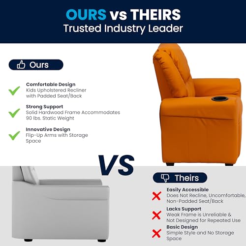 Image of Flash Furniture Vana Vinyl Kids Recliner with Cup Holder, Headrest, and Safety Recline, Contemporary Reclining Chair for Kids, Supports up to 90 lbs., Orange