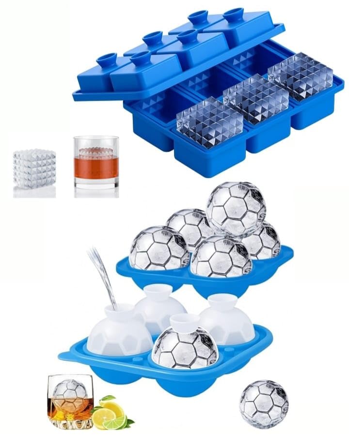 Image of Premium Combo of Large 3D Crystal Square Ice Cube Tray & Football Shaped Silicone Molds for Chilling Drinks, Chocolates, Juice, Jelly and Many More. Pack of 2 (Blue)