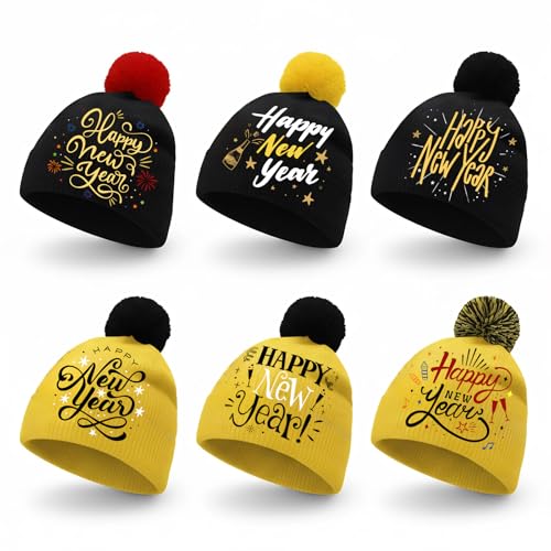 6 Pcs Happy New Year Beanie Hats New Years Eve Hats Bulk Pom Pom Beanie Hat Autumn Winter Thick Soft Warm Chunky Cap for Women and Men Christmas Multi