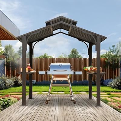 Domi Hardtop Grill Gazebo 8x5FT, Grill Canopy for Outdoor Grill w/Double Galvanized Steel Roof, 2 Side Shelves and Ceiling Hooks, BBQ Gazebo Grill Tent for Patio Garden Backyard, Brown