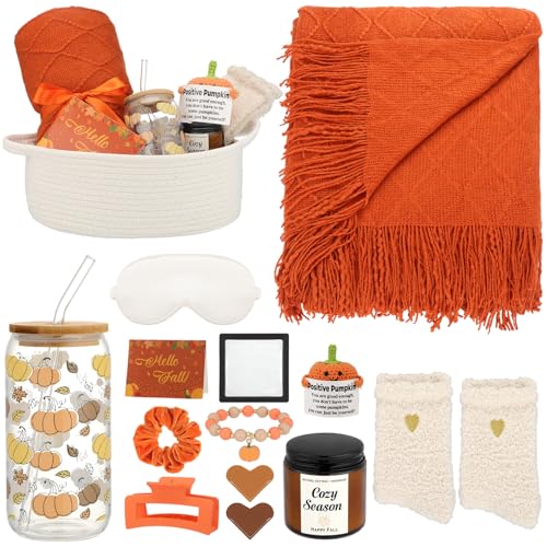 Reallnaive 14 Pcs Fall Gift Basket For Women Thanksgiving Autumn Gift Stuffers Include 50X60 Inch Autumn Blanket Glass Tumbler Candle Positive Knitted Pumpkin Fuzzy Socks Woven Fall Basket(Orange)