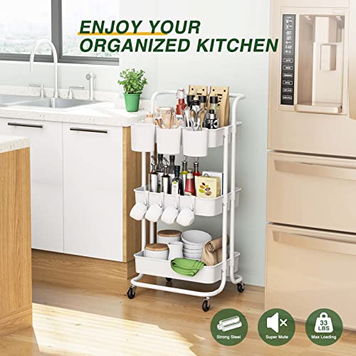 Lehom 3-Tier Rolling Utility Cart With Hanging Cups & Hooks & Handle, Multifunctional Art Cart Organizer Storage With Wheels, Easy Assembly For Office, Bedroom, Kitchen, Bathroom, Laundry (White) #TOP6