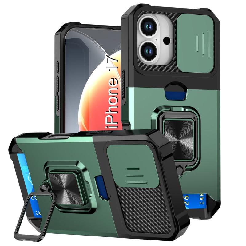 Image of LuxuryKase Shockproof Armor Case for iPhone 17 | Slide Camera Cover | Hidden Card Slot | Rotating Ring Kickstand | Magnetic Car Mount Support | Military Grade Protection - Green