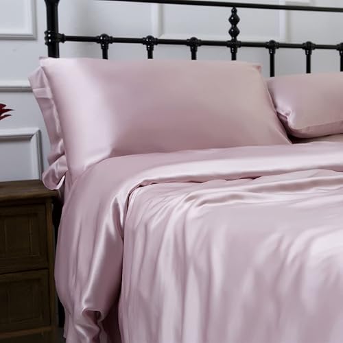 Orose Juego de 4 sábanas de seda de 19 momme de 100% morera Charmeuse, sábanas de seda sin costuras, tamaño personalizado (rosa, Queen)