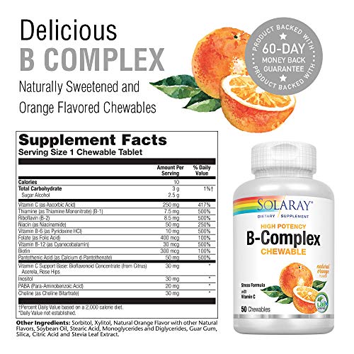 Solaray Vitamin B-Complex 250Mg Natural Orange Flavor | Healthy Hair, Skin, Immune Function & Metabolism Support | Lab Verified | 50 Chewables #TOP1