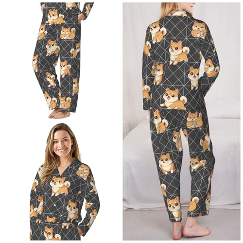 Image of Women'S Long Sleeve Pajama Set Soft Loungewear Button-Down Top & Elastic Waist Pants S- 2XL