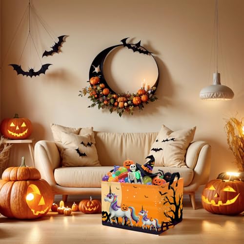 Image of Halloween Basket Gift Cute Pumpkin Ghost Parties Decor Kid Trick or Treat Basket for Boys and Girls Rectangular Storage Bin Box (Unicorn Bat)