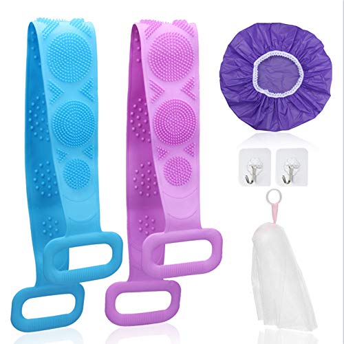 Back Scrubber for Shower, 2 Pcs Double Sided Exfoliating Silicone Body Back Scrubber(Blue + Pink), Easy to Clean Washer Silicone Bath Body Brush, Includes Shower Cap & 2 Hook
